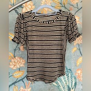 New Free People Black and Cream Striped Puffed Short Sleeve Top
